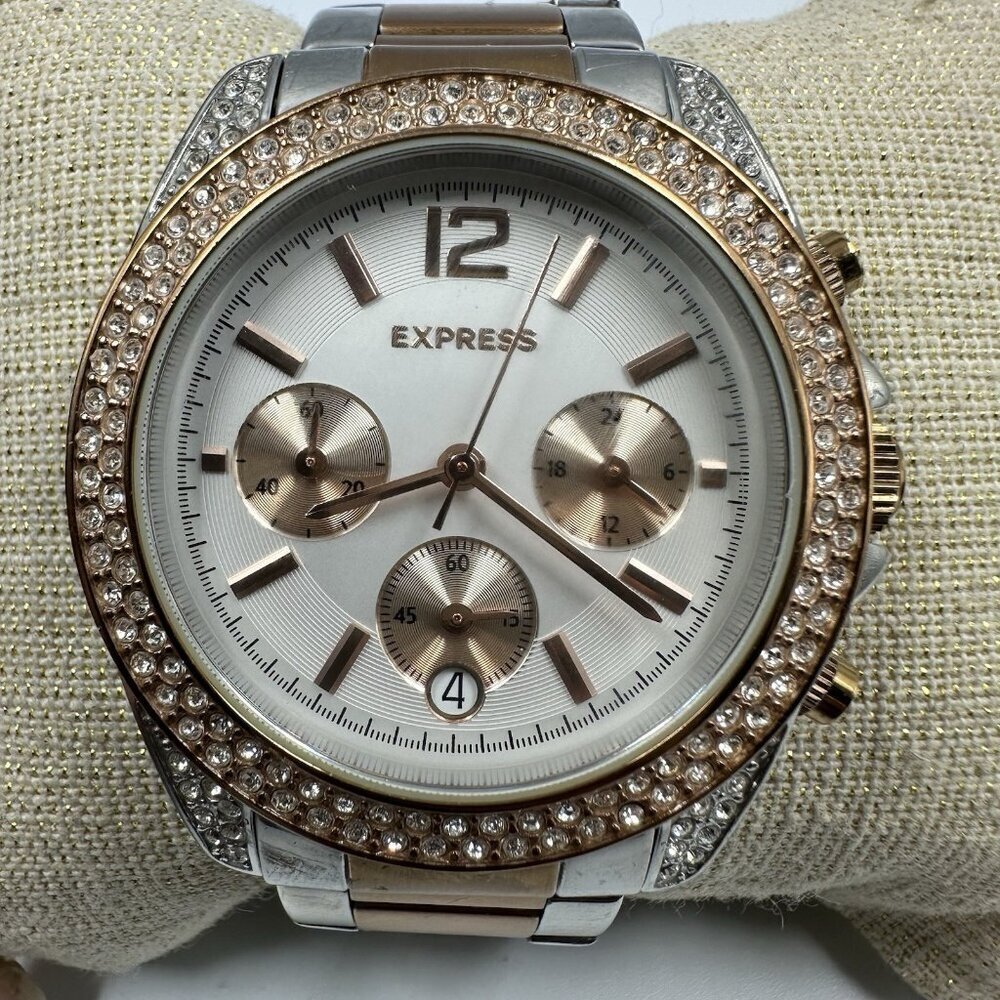 Express Watch Women Rose Gold Silver Tone Crystal Accent Bezel New Battery 6.75"